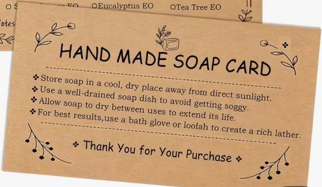 Kraft-paper soap care card explaining how to store a handmade glycerin soap
